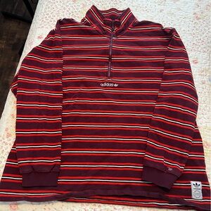 adidas Striped Half-Zip Pullover - Burgundy, Red & White